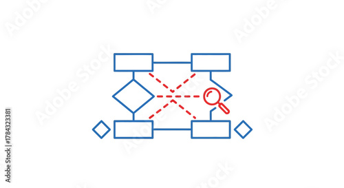 Database schema analysis with a magnifying glass inspecting connections and entities