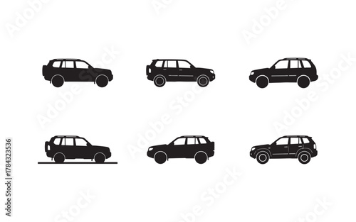 Collection of Black Silhouette SUV Cars on White Background Vector Illustration for Automotive Industry