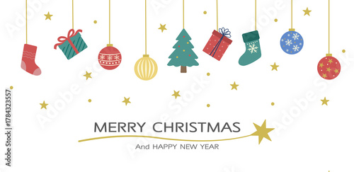 クリスマスバナーのイラスト　ツリーとオーナメントとプレゼントの背景　白背景・透過素材