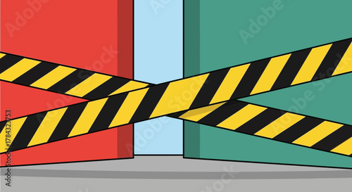 Cartoon illustration of caution tape blocking a doorway with red and green sides