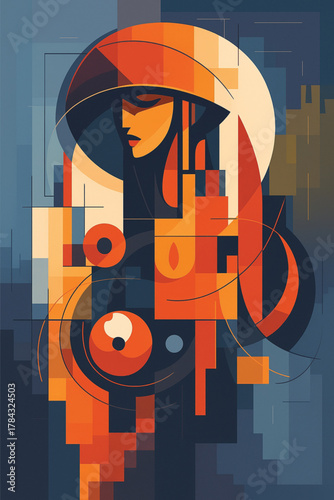 Art Deco Inspired Vector Portrait: Stylized Abstract Woman in Hat with Geometric and Cubist Orange and Blue Shapes, Modern Digital Art Poster Design.