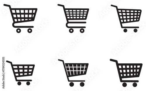 Collection of Shopping Cart Icons in Black and White for Retail and Ecommerce Design Projects representing purchasing behavior
