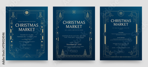 Christmas Poster Flier Banner Invitation Template with Vintage Art Deco Vector Border & Luxury Blue & Gold Hues and Christmas Market Text
