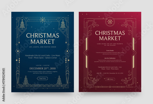 Christmas Poster Flier Banner Invitation Template with Vintage Art Deco Vector Border & Luxury Red, Blue & Gold Hues and Christmas Market Text