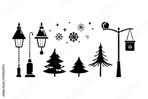 Winter landscape with trees and streetlights