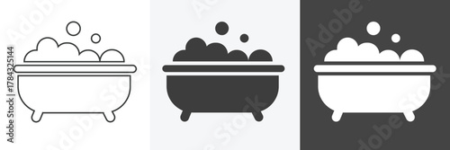 Bathtub icon in outline and solid style with black and white color. Bathroom icon element.