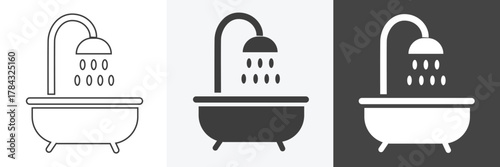 Bathtub icon in outline and solid style with black and white color. Bathroom icon element.