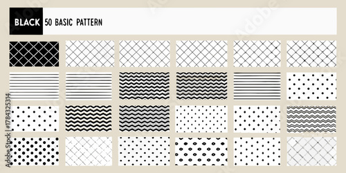 Collection of fifty basic black and white hand drawn patterns and textures