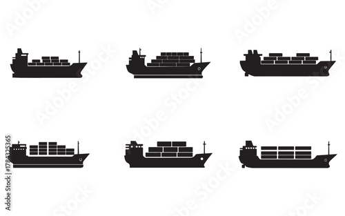 Diverse Container Ship Silhouettes for Global Trade and Maritime Transport Illustrations Vector Set