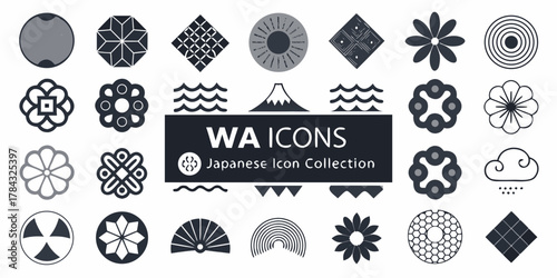 Collection of japanese wa icons featuring traditional patterns symbols and nature elements