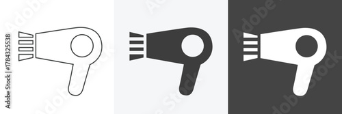 Hair dryer icon or hairdryer icon in outline and solid style with black and white color. Bathroom icon element.