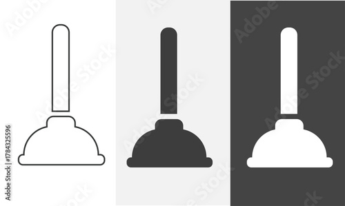 Toilet plunger icon in outline and solid style with black and white color. Bathroom icon element.