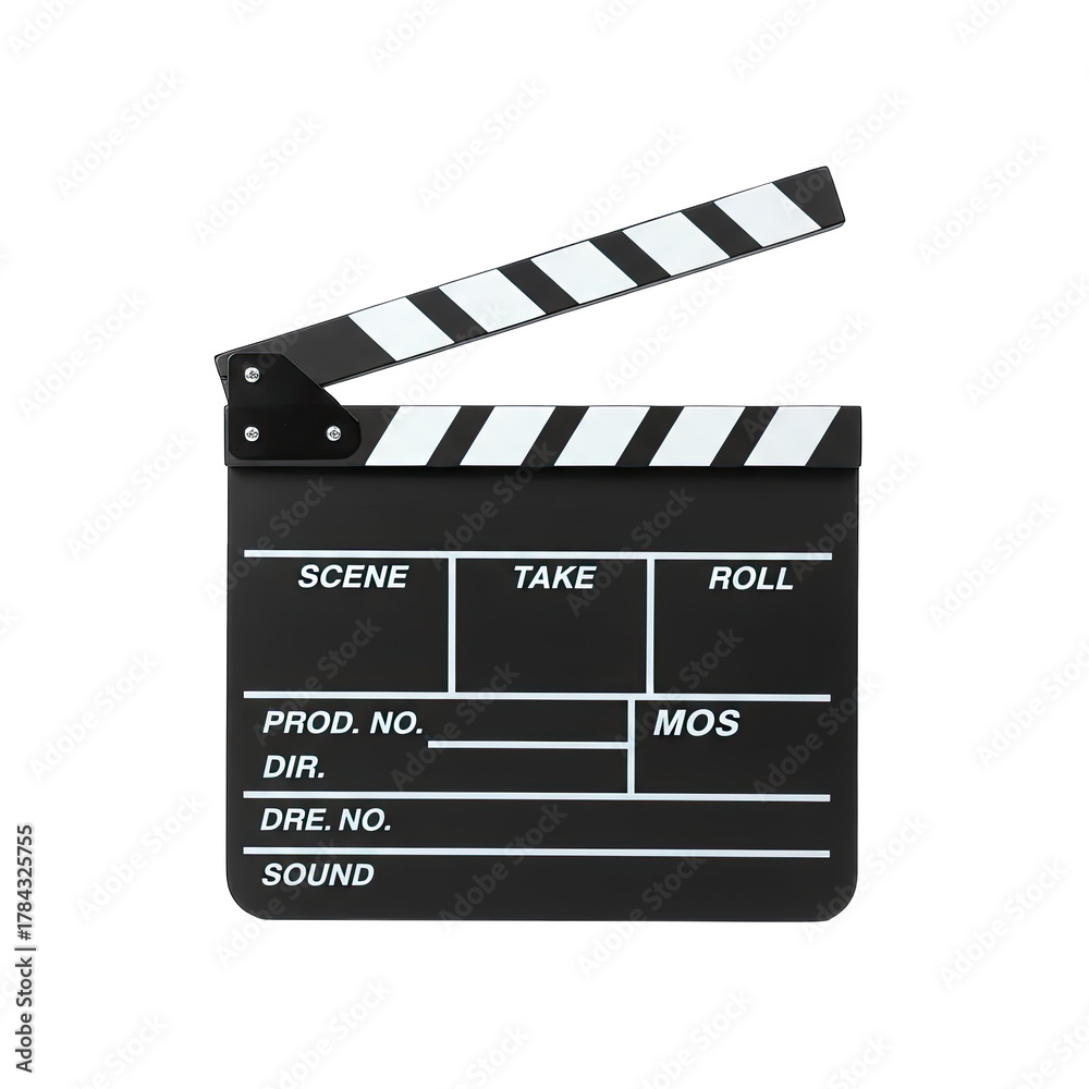Fototapeta premium Black Film Clapperboard with White Stripes for Scene Take and Roll Information Isolated on Transparent Background with Studio Lighting