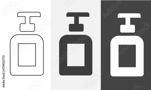 Shower gel icon in outline and solid style with black and white color. Pump bottle icon. Soap dispenser icon. Bathroom icon element.
