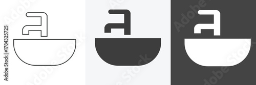 Sink icon in outline and solid style with black and white color. Bathroom icon element.