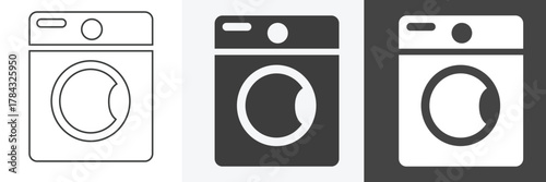 Washing machine icon in outline and solid style with black and white color. Bathroom icon element.