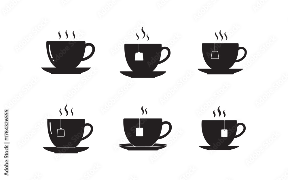 Obraz premium Seamless Pattern of Black Tea Cups with Tea Bags and Steam on White Background Relaxation and Beverage Design
