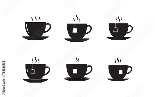 Seamless Pattern of Black Tea Cups with Tea Bags and Steam on White Background Relaxation and Beverage Design