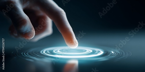 Human finger making contact with glowing, concentric circles, creating digital ripple effect within an overall dark environment, and representing technology, connection, and innovation in a visual...