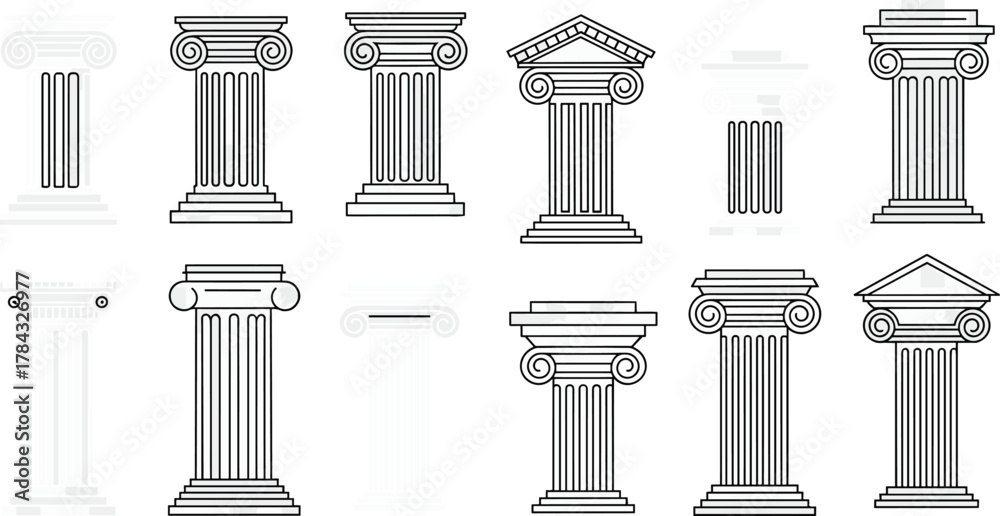 Fototapeta premium Ancient Greek Roman column architecture set, classical pillar design collection, historical building structure element, cad drawing flat vector illustration