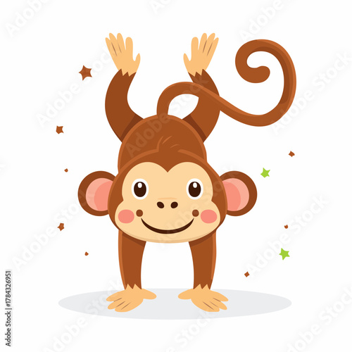 Cartoon Monkey Upside Down with Curly Tail and Smiling Face.