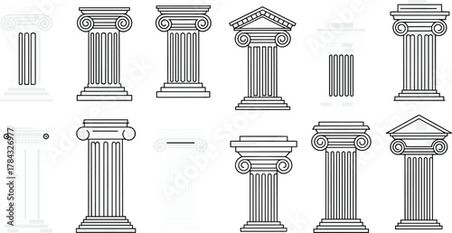 Ancient Greek Roman column architecture set, classical pillar design collection, historical building structure element, cad drawing flat vector illustration