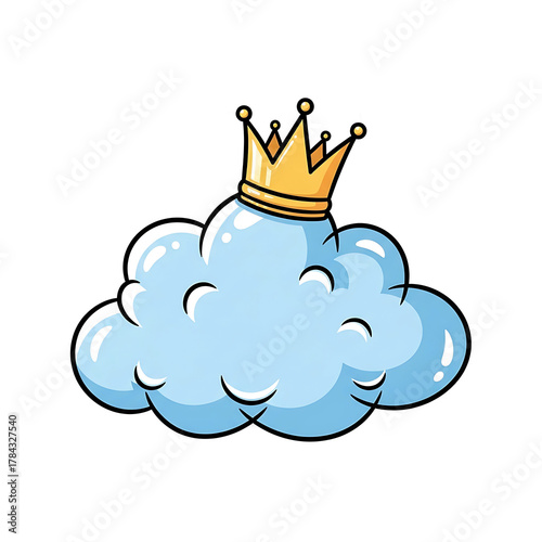 Cartoon-style rendering of a cloud wearing a golden crown, set against a stark black background. It appears whimsical and cute