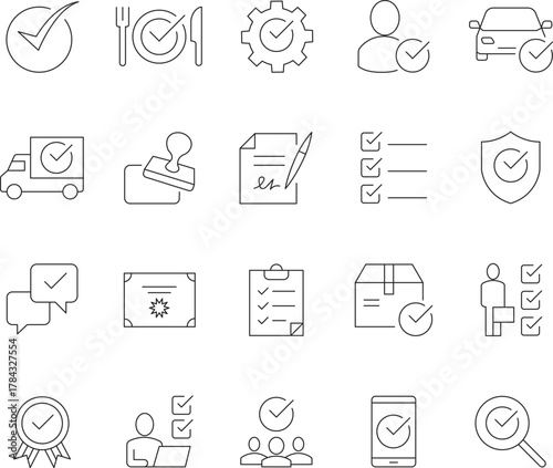Collection of approval and rejection line icons with editable stroke for design projects