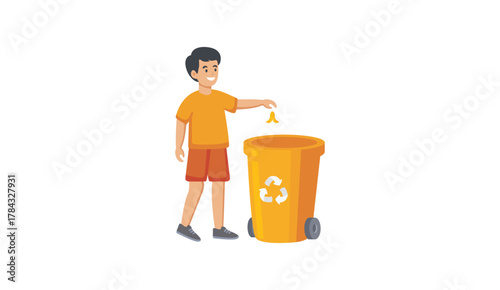 Boy throwing rubbish into recycling bin vector illustration 