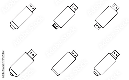 USB Flash Drive Icons Set in Simple Outline Style for Data Storage and Transfer Isolated on White
