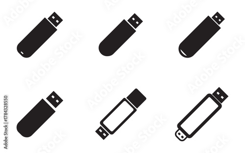 Variety of USB Flash Drive Icons for Data Storage and Digital Technology Applications isolated on white background