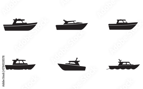 Various boat icons collection representing different types of motorboats and cabin cruisers for nautical design elements