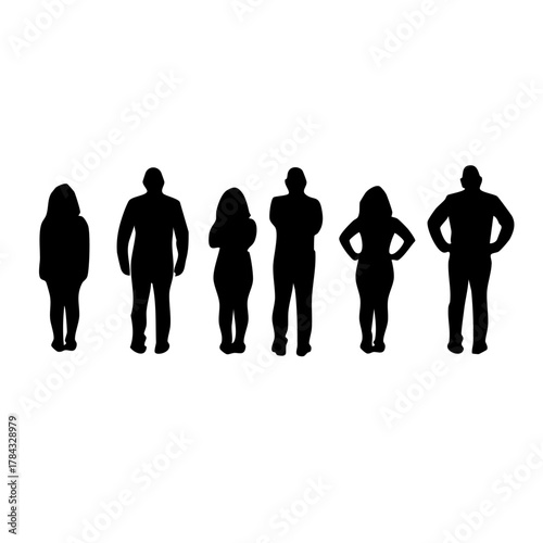 Six black silhouette figures, three female and three male, stand in a row against a white background, evenly spaced, creating a stark, graphic composition.
