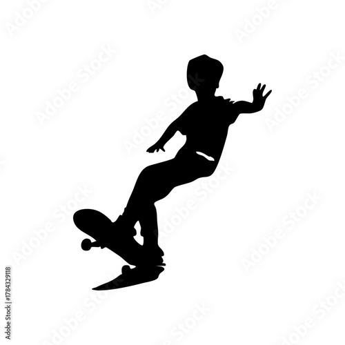 Silhouette of a boy skateboarding mid-air, isolated on a white background, creating a dynamic, energetic, and youthful ambiance with a sense of freedom.
