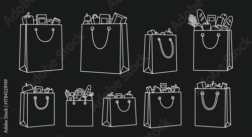 A diverse collection of white outline illustrations depicting various full shopping bags, brimming with groceries, fresh produce, and packaged goods, on a dark background.