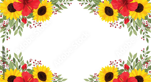 Vibrant floral border design with bright yellow sunflowers, striking red hibiscus flowers, lush green leaves, and festive red berries, framing a clean white background.