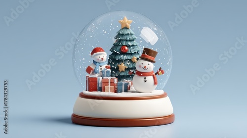Christmas snow globe, christmas tree and snowman scene, gifts flat design front view North Pole theme 3D render.