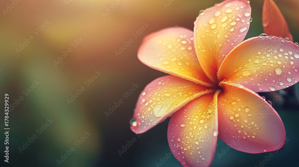 Fototapeta premium Close-up water drop on plumeria flower petal with soft retro tone