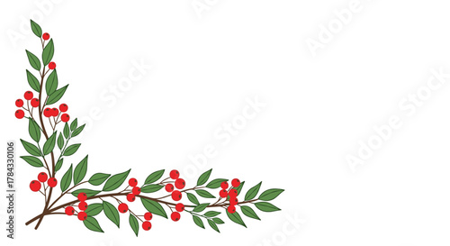 An elegant hand-drawn corner border illustration featuring vibrant red berries and lush green leaves, perfect for festive holiday designs and seasonal greetings on a clean white background.