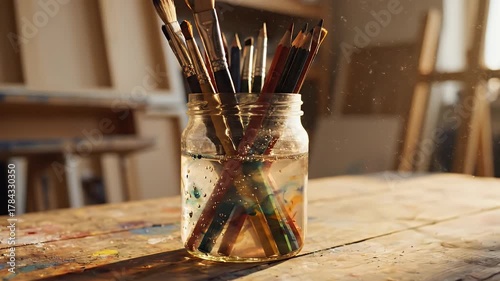 Artistic Studio Scene: Paintbrushes in a Jar on a Wooden Table.