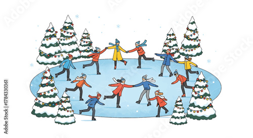 Cheerful people and families enjoy ice skating on a picturesque frozen pond, nestled within a snowy landscape adorned with festive holiday lights and snowflakes