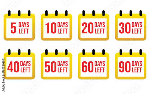 sale labels set, Colorful countdown calendar icons vector set with 5-90 days left reminders, yellow flip chart design, red text labels, scalable EPS illustrations for sales promotions, events