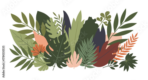 An artistic and colorful illustration featuring an array of lush tropical leaves and botanical elements in a contemporary flat design, perfect for nature-inspired backgrounds and decorative motifs.