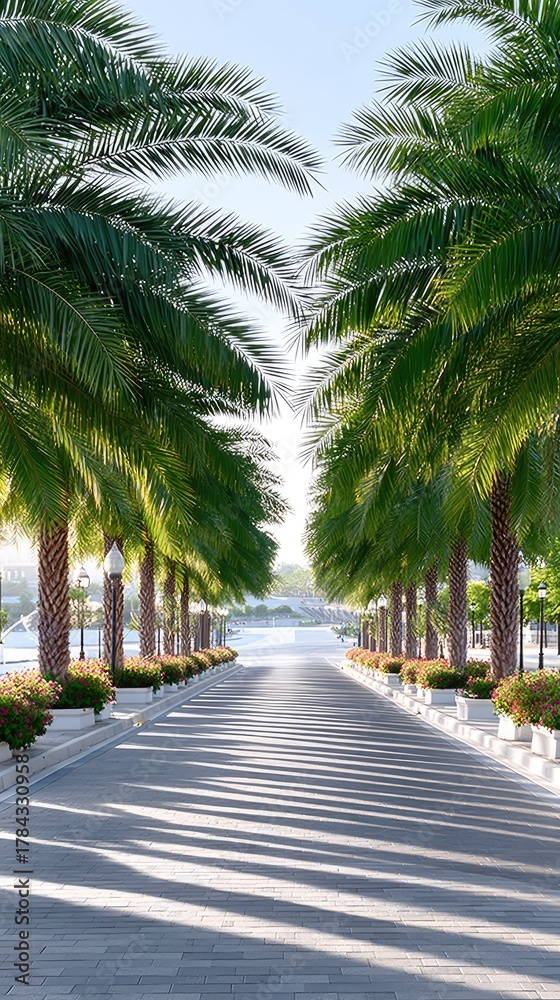 Obraz premium Tropical Road Lined with Palm Trees Leading to Sunlight Dappled Pathway with Pink Flowers Illuminated by Golden Hour Light