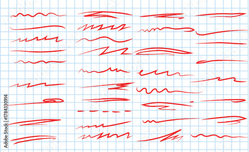 Hand drawn red marker brush strokes doodles set, Free hand sketch brush scribbles for underline, highlight, text divider, doodle art, Isolated on blue checkered paper sheet background