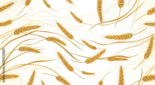 A seamless pattern of golden wheat ears with delicate wisps and flowing lines creates a rustic, agricultural background, perfect for themes of harvest, baking, and natural ingredients.