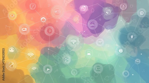 Network flat design top view theme information technology water color vivid.