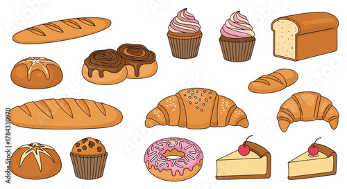 An inviting array of freshly baked breads, savory rolls, golden croissants, sweet cinnamon buns, delicious muffins, frosted cupcakes, and delectable donuts with cheesecake.
