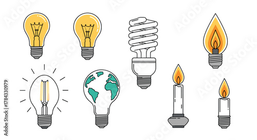 A collection of various artificial and natural light sources, including traditional incandescent bulbs, a CFL, an eco-friendly globe bulb, and lit candles.