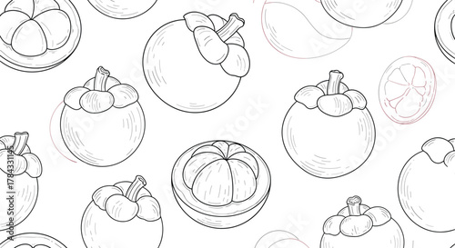 Seamless pattern of hand-drawn mangosteen fruits and cross-sections in black and white line art on a white background.